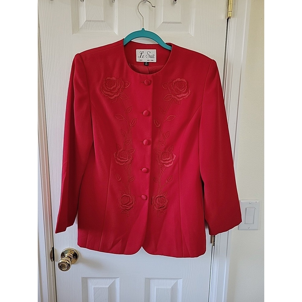 Le Suit Red Collarless Blazer Floral Rose Embroidered Button Front Jacket 10
